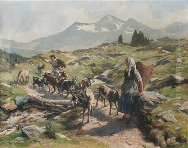 Auf Dem Almweg - Ziegenhirte Und Sennerin Oil Painting by Rudolf-Alfred Jaumann