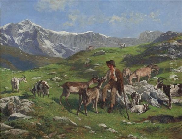 Ziegenhirten Auf Der Alm Oil Painting by Rudolf-Alfred Jaumann