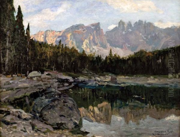 Karersee Mit Rosengarten, Bozen Oil Painting by Rudolf-Alfred Jaumann