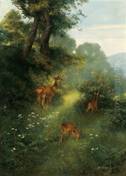 Rehe In Einer Waldlandschaft Oil Painting by Rudolf-Alfred Jaumann