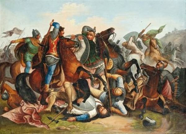 Choc De Cavalerie A La Bataille Au Marchfeld Entre Les Troupes De Rodolphe De Habsbourg Et Du Roi De Boheme Ottokar Ii Oil Painting by Karl Jauslin