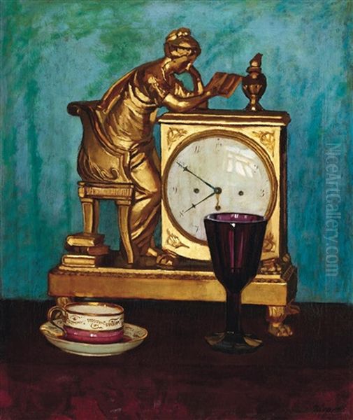 Still-life With A Clock Oil Painting by Pal Javor