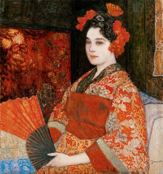 No Japan Kimonoban (woman In Japanese Kimono) Oil Painting by Pal Javor