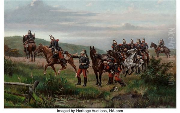 French Cuirassiers Fording A Stream Oil Painting by Paul Leon Jazet