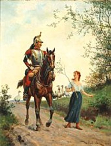 Cuirassier Asks A Goosegirl For Directions Oil Painting by Paul Leon Jazet