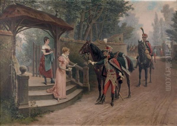 Billet De Logement De Deux Chasseurs De La Garde...1813-1815 Ou La Missive Deposee Par Deux Officiers De Hussard Oil Painting by Paul Leon Jazet