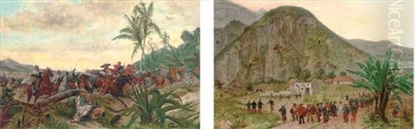 French Cavalry And Austrian Volunteers Skirmishing In Mexico (+ Mexican Prisoners At A French Outpost, Mexico; 2 Works) Oil Painting by Paul Leon Jazet