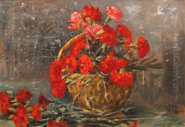 Basket With Wild Carnation Oil Painting by Adela Jean