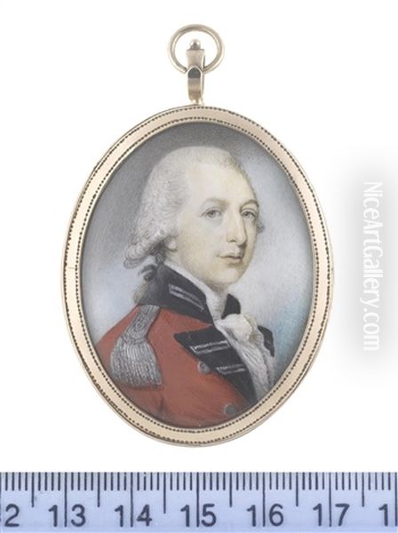 An Officer, Wearing Red Coat With Navy And Silver Facings, Silver Epaulette, White Frilled Chemise And Stock, His Powdered Wig Worn En Queue And Tied With A Black Ribbon Bow Oil Painting by Philip Jean