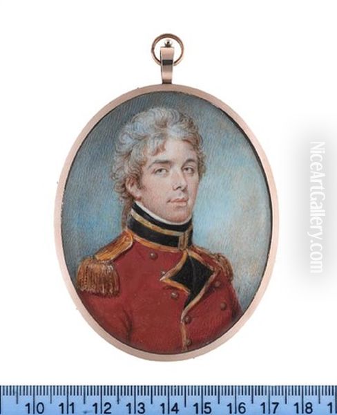 An Officer, Wearing Gold Trimmed Red Coat With Black Facings And Standing Collar, Gold Buttons And Epaulettes, White Chemise And Black Stock, His Hair Powdered Oil Painting by Philip Jean