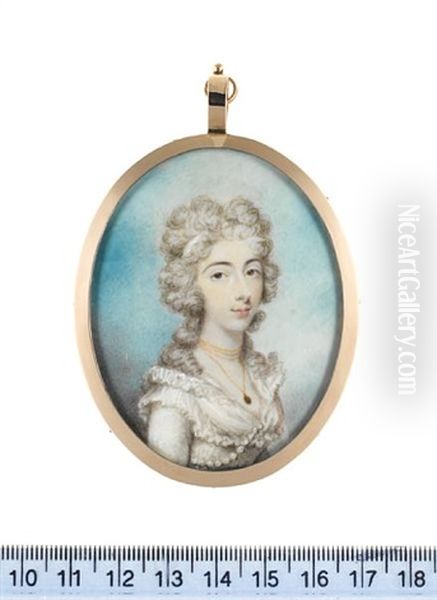 A Lady, Wearing White Dress With Frilled Collar And Strand Of Pearls Across Her Bust, Pendant On A Fine Gold Chain About Her Neck And White Ribbon In Hair Oil Painting by Philip Jean