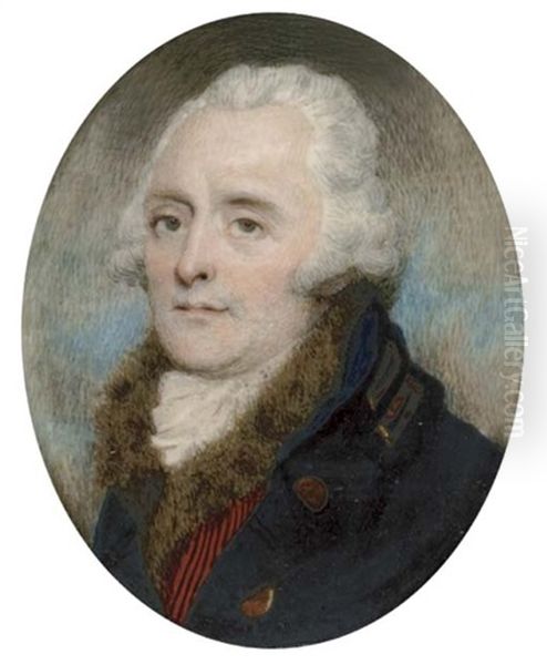 A Gentleman, In Blue Coat With Gold Buttons And Gold Loops On The Collar, Fur-bordered Red And Black Striped Waistcoat And Frilled Cravat Oil Painting by Philip Jean