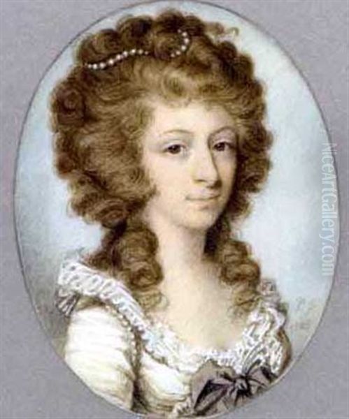 A Young Lady, In Lace-bordered White Dress, Grey Bow At Corsage, Pearls Around Her Shoulders And In Her Upswept Curling Long Fair Hair Oil Painting by Philip Jean