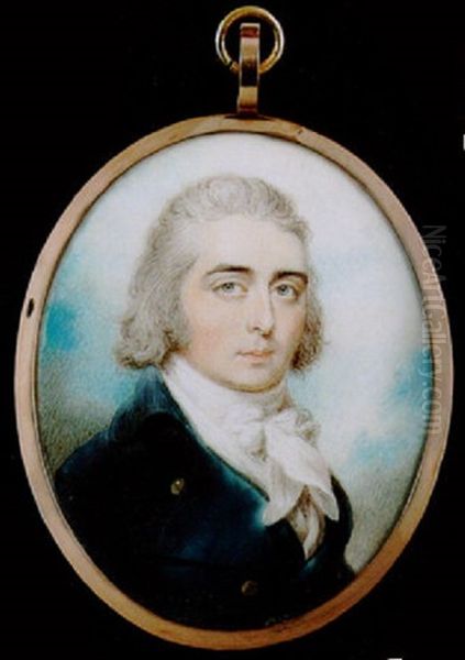 A Portrait Of A Gentleman With Natural Powdered Hair Wearing Blue Coat With Gold Buttons, White Waistcoat And Tied Cravat Oil Painting by Philip Jean