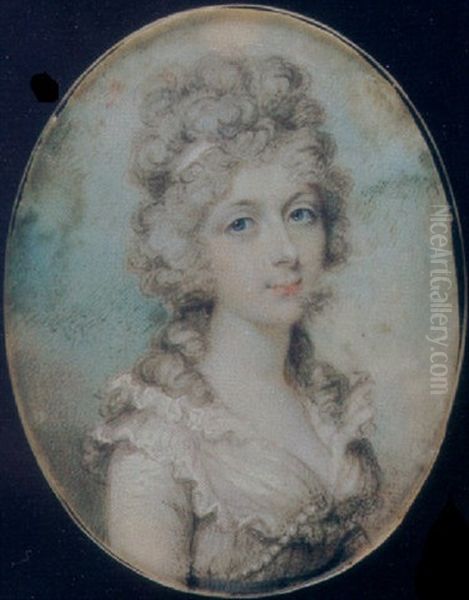 A Lady, In White Dress With Frilled Neckline, Blue Waistband And Pearl Decoration, Her Hair Powdered Oil Painting by Philip Jean