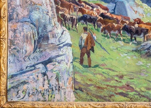 La Montee Du Troupeau A L'alpage, Val De Clerzon, Valais Oil Painting by Edouard Jeanmaire