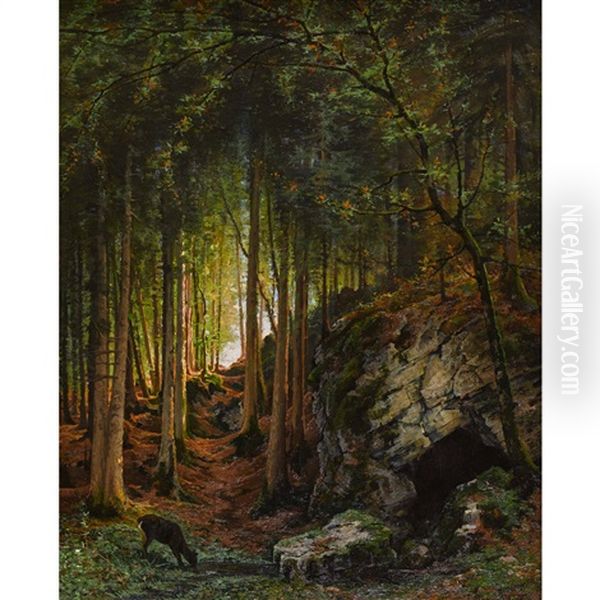 Waldinneres Mit Reh Am Bach Oil Painting by Edouard Jeanmaire