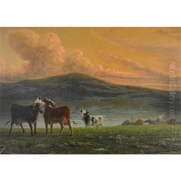 Soleil Couchant Au Jura Neuchatelois Oil Painting by Edouard Jeanmaire