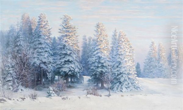 Soleil Levant Par La Neige A La Lisiere De La Foret De Sapins Oil Painting by Edouard Jeanmaire