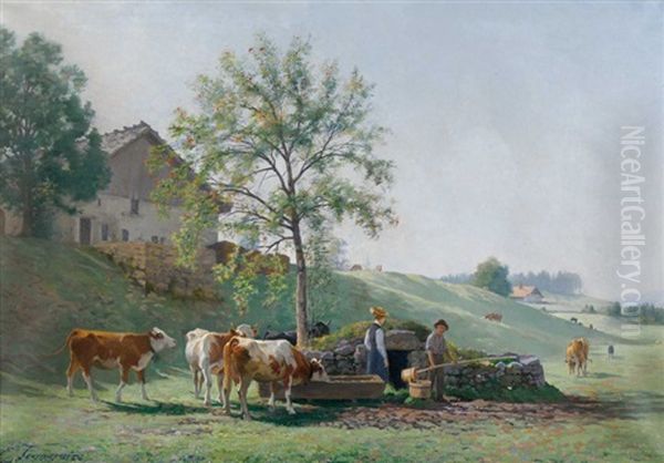 Sommerliche Bauernszene In La-joux-perret Oil Painting by Edouard Jeanmaire