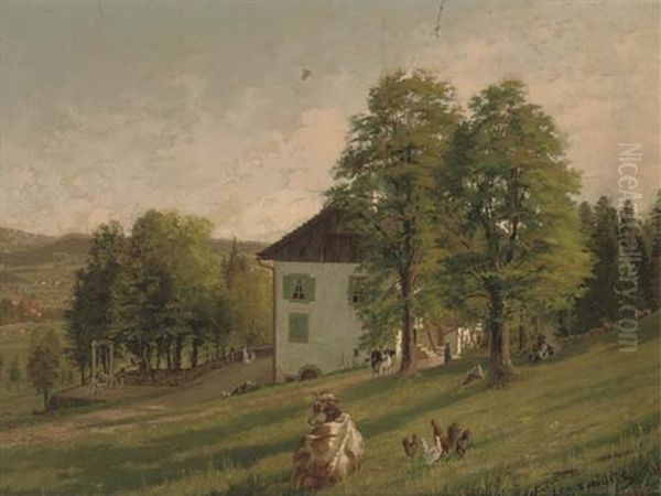 Towards Dusk At A Swiss Chalet Oil Painting by Edouard Jeanmaire