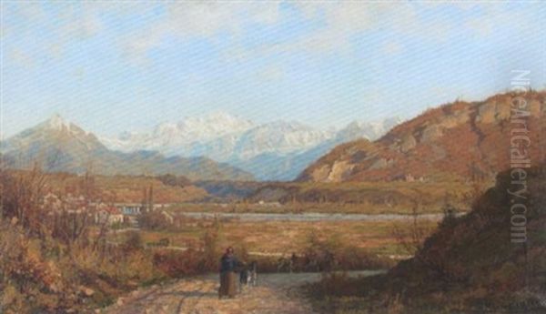 Le Mont Blanc Avec Le Cours De L'arve Avant Etrembieres Oil Painting by Edouard Jeanmaire