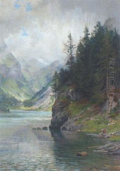 Lac De Tanay - A La Pointe De Peney Oil Painting by Edouard Jeanmaire