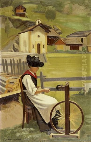 Walliserin Am Spinnrad Oil Painting by Roger Henri Jean-Mairet