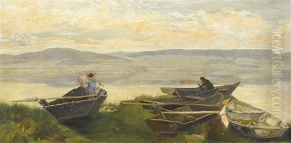 Fischerboote Am Ufer Des Neuenburgersees Oil Painting by Gustave Jeanneret