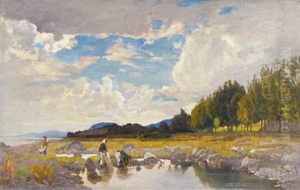 Wascherinnen Am Neuenburgersee Oil Painting by Gustave Jeanneret