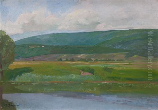 Landschaft Bei Thielle - Im Vordergrund Der Zihlkanal Oil Painting by Gustave Jeanneret