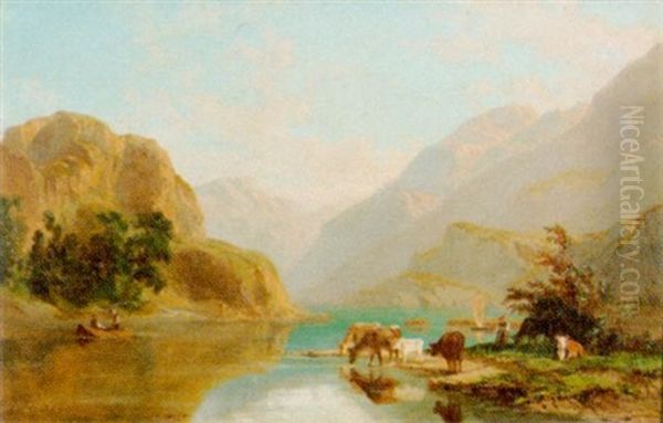 Hirtin Mit Vieh An Einem Bergsee Oil Painting by Gustave Jeanneret