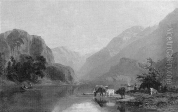 Hirtin Mit Vieh An Einem Bergsee Oil Painting by Gustave Jeanneret