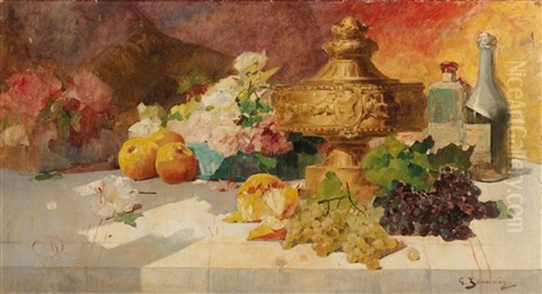 Large Still Life With Fruit,  Goblet And Flowers Oil Painting by Georges Jeannin