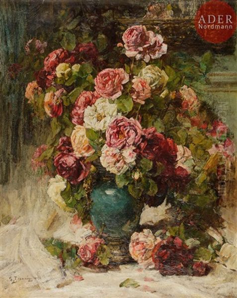 Vase De Roses Sur Un Entablement Oil Painting by Georges Jeannin