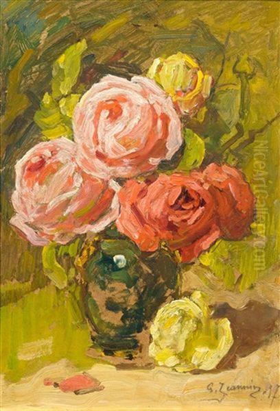 Bouquet Of Roses In Vase Oil Painting by Georges Jeannin