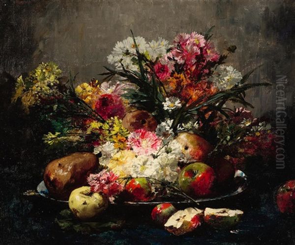 A Still Life With Flowers And Fruit Oil Painting by Georges Jeannin