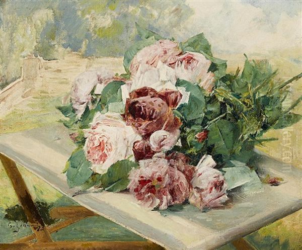 A Still Life With Roses Oil Painting by Georges Jeannin