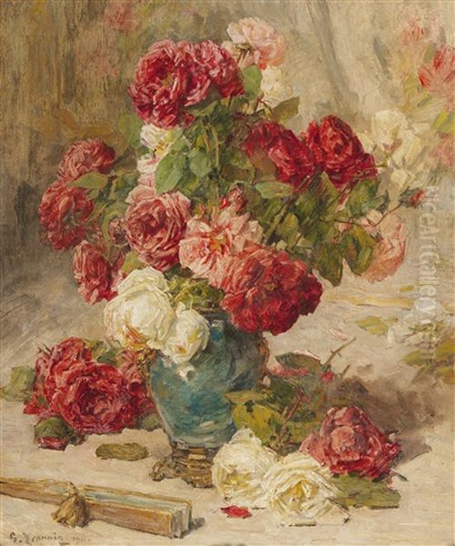 A Still Life With Roses In A Vase And A Fan Oil Painting by Georges Jeannin