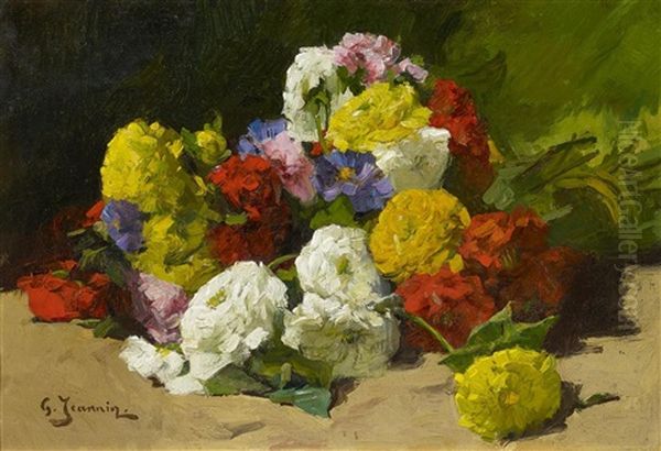 Straus Mit Chrysanthemen Und Rosen Oil Painting by Georges Jeannin