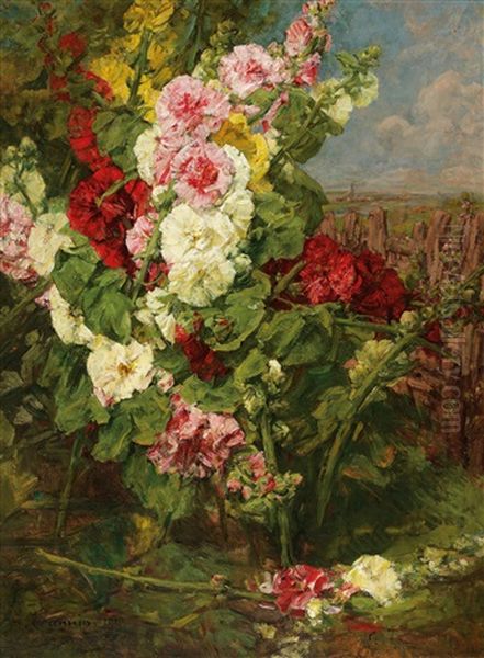 Hollyhocks Oil Painting by Georges Jeannin