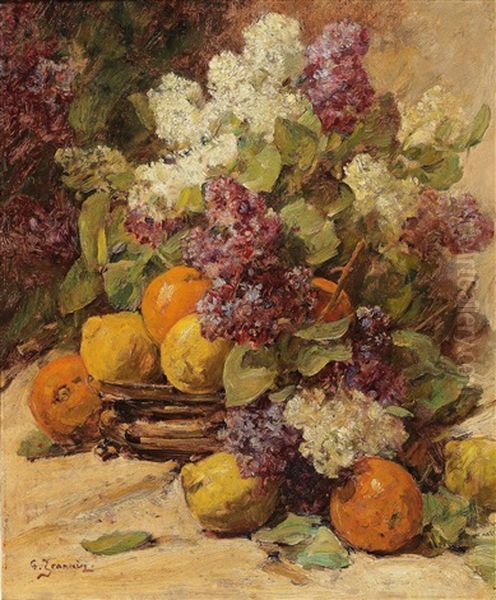 Still Life With Bouquet Of Lilacs And Lemons Oil Painting by Georges Jeannin