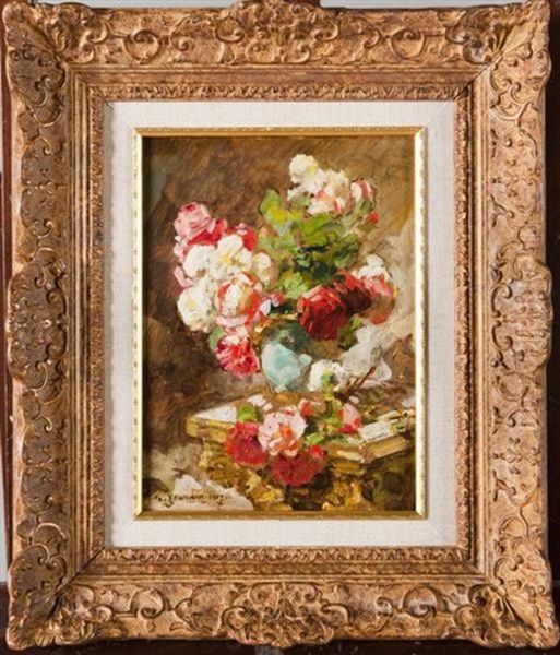 Vase De Fleurs Sur Un Entablement Oil Painting by Georges Jeannin