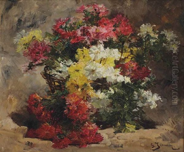 An Autumn Bouquet In A Basket Oil Painting by Georges Jeannin