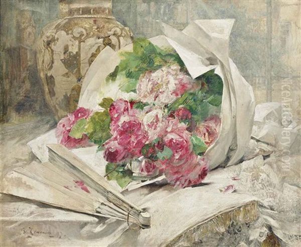 A Bouquet Of Flowers With A Vase And A Fan Oil Painting by Georges Jeannin