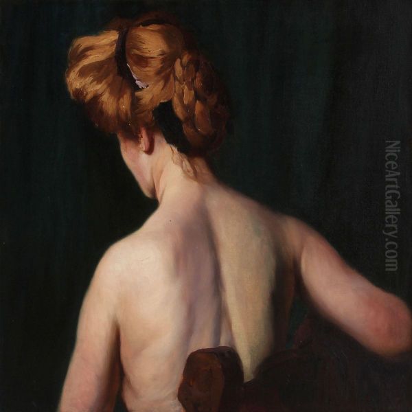 Backturned Nude Female Model Oil Painting by Gyula Basch