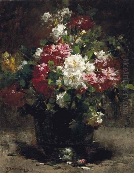 Red, White And Pink Roses Oil Painting by Georges Jeannin