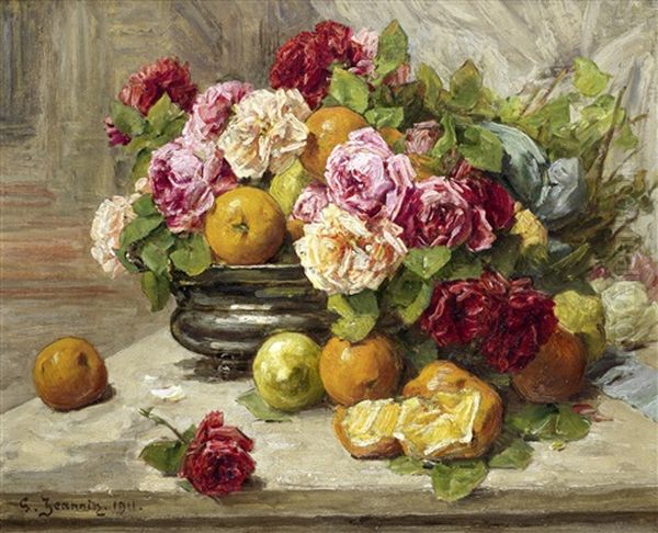 Still Life Of Roses And Fruit Oil Painting by Georges Jeannin