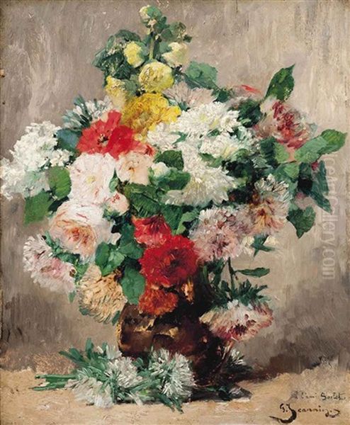 Roses, Chrysanthemums And Other Summer Blooms In A Vase Oil Painting by Georges Jeannin