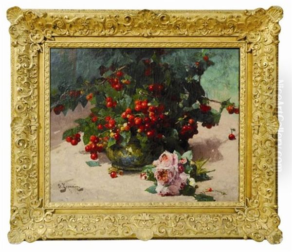 Bouquet De Cerises Aux Pivoines Oil Painting by Georges Jeannin